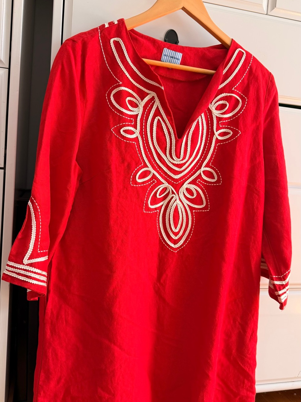Red Embroidered Midi Dress with V-Neck